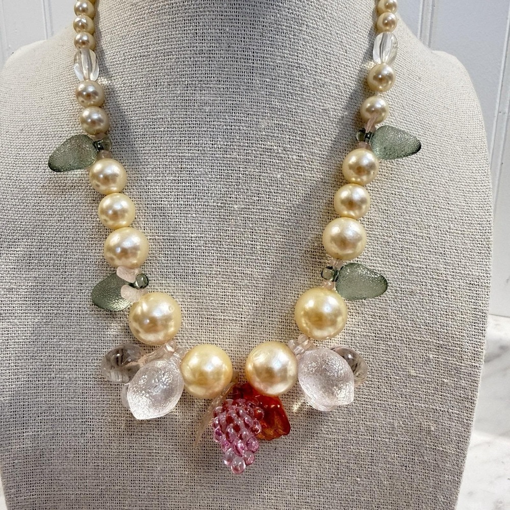 Vintage Lucite Necklace Faux Pearl Beaded Fruit Salad Tutti Fruity Pastel 24"